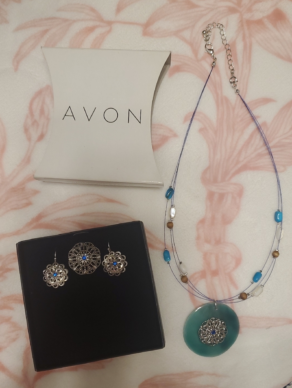 Avon Teal and Blue Glass Pendant Necklace with Silver Filigree Earrings, Ring